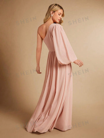 One Shoulder Lantern Sleeve Split Thigh Chiffon Bridesmaid Dress