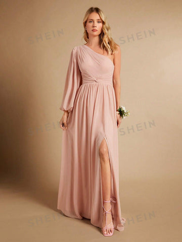 One Shoulder Lantern Sleeve Split Thigh Chiffon Bridesmaid Dress