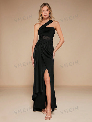 One Shoulder Mesh Insert Wrap Hem Bridesmaid Dress