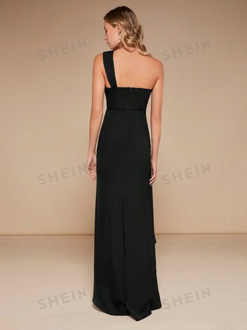 One Shoulder Mesh Insert Wrap Hem Bridesmaid Dress
