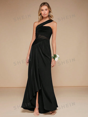 One Shoulder Mesh Insert Wrap Hem Bridesmaid Dress