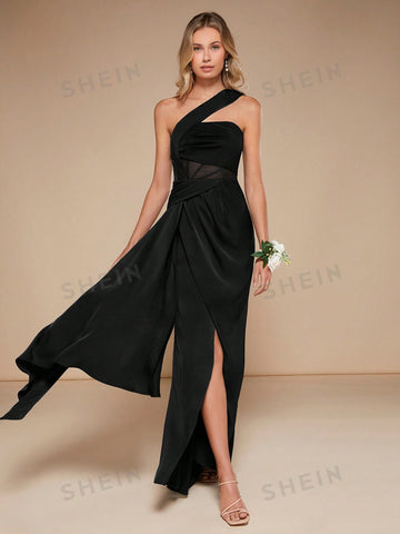 One Shoulder Mesh Insert Wrap Hem Bridesmaid Dress