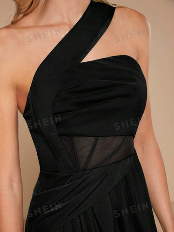One Shoulder Mesh Insert Wrap Hem Bridesmaid Dress
