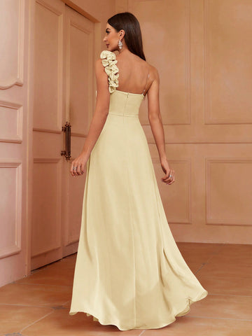 One Shoulder Pleated Lace A-Line Bridesmaid Dress