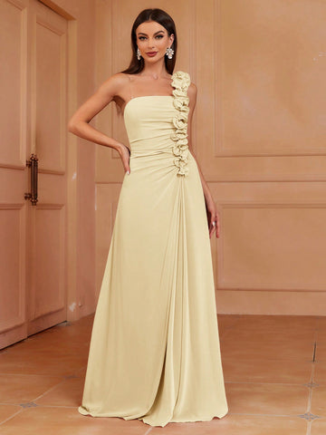 One Shoulder Pleated Lace A-Line Bridesmaid Dress