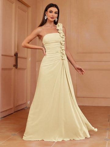 One Shoulder Pleated Lace A-Line Bridesmaid Dress