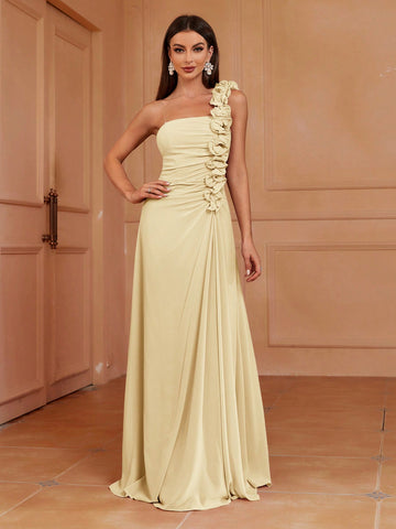 One Shoulder Pleated Lace A-Line Bridesmaid Dress