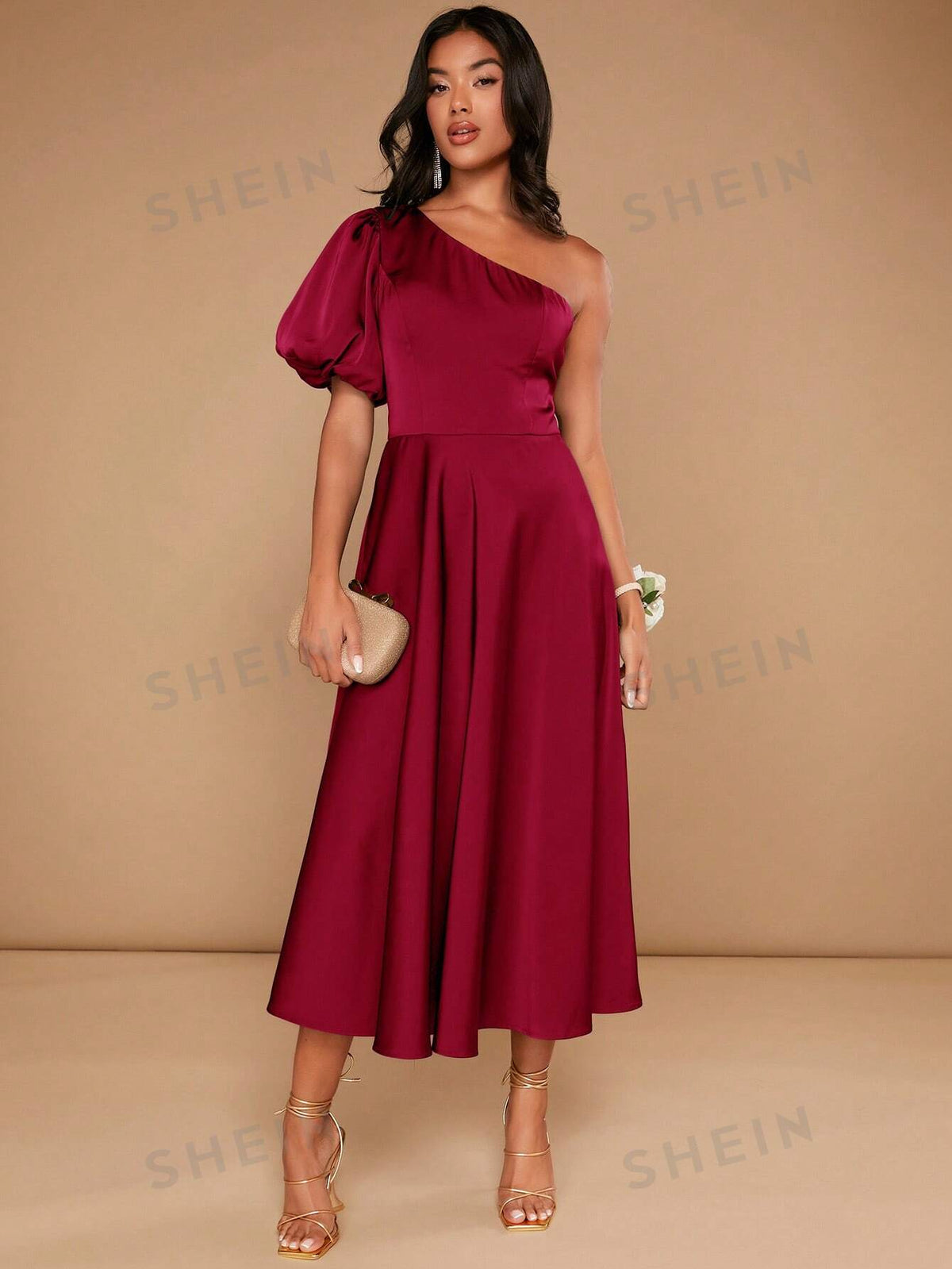 One Shoulder Puff Sleeve Bridesmaid Dress