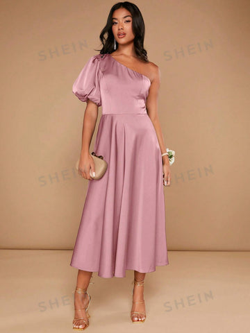 One Shoulder Puff Sleeve Bridesmaid Dress
