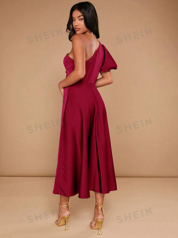 One Shoulder Puff Sleeve Bridesmaid Dress