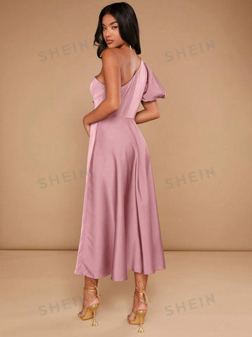 One Shoulder Puff Sleeve Bridesmaid Dress