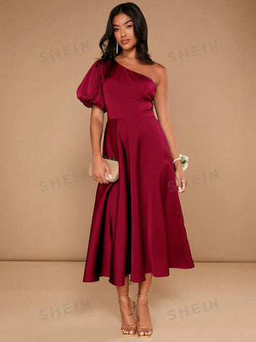 One Shoulder Puff Sleeve Bridesmaid Dress