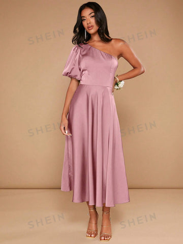 One Shoulder Puff Sleeve Bridesmaid Dress