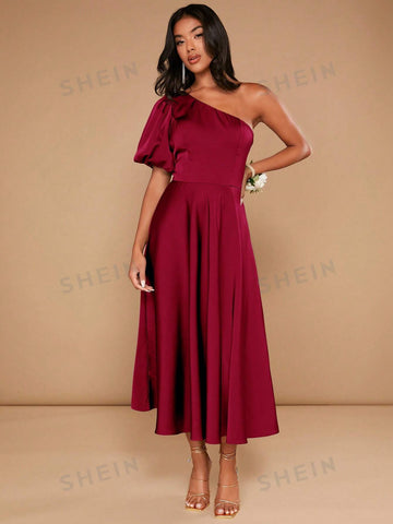 One Shoulder Puff Sleeve Bridesmaid Dress
