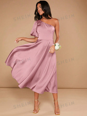 One Shoulder Puff Sleeve Bridesmaid Dress