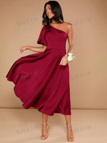 One Shoulder Puff Sleeve Bridesmaid Dress