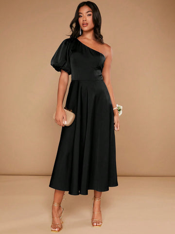 One Shoulder Puff Sleeve Satin Bridesmaid Dress