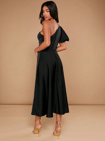 One Shoulder Puff Sleeve Satin Bridesmaid Dress