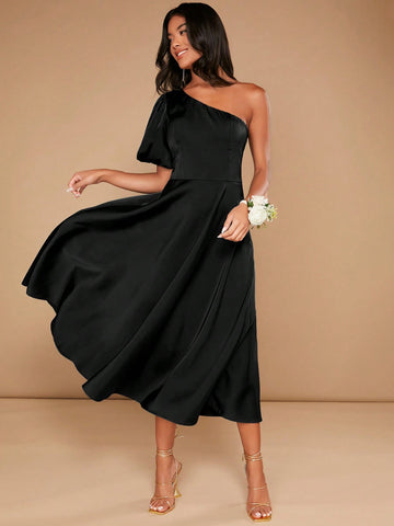 One Shoulder Puff Sleeve Satin Bridesmaid Dress