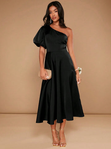 One Shoulder Puff Sleeve Satin Bridesmaid Dress
