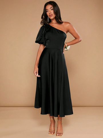 One Shoulder Puff Sleeve Satin Bridesmaid Dress