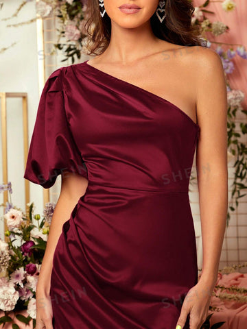 One Shoulder Puff Sleeve Split Thigh Bridesmaid Dress