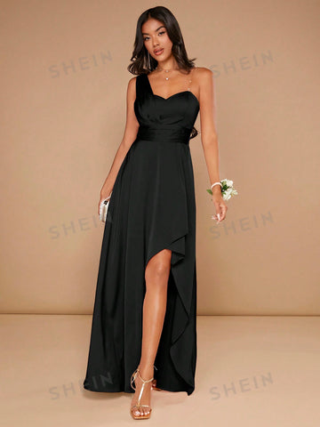 One Shoulder Ruched Split Thigh Bridesmaid Dress
