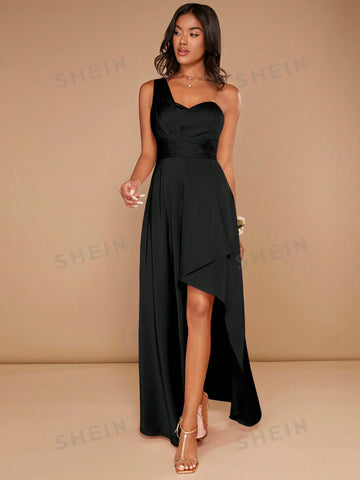 One Shoulder Ruched Split Thigh Bridesmaid Dress