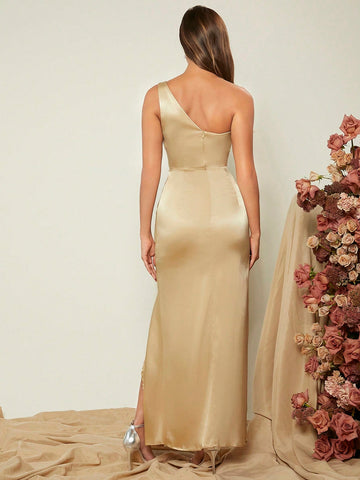 One Shoulder Ruched Split Thigh Satin Bridesmaid Dress
