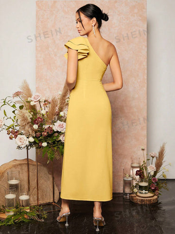 One Shoulder Ruched Wrap Hem Bridesmaid Dress