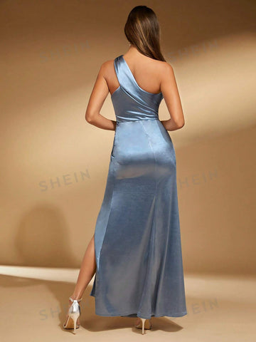 One Shoulder Ruched Wrap Hem Satin Bridesmaid Dress