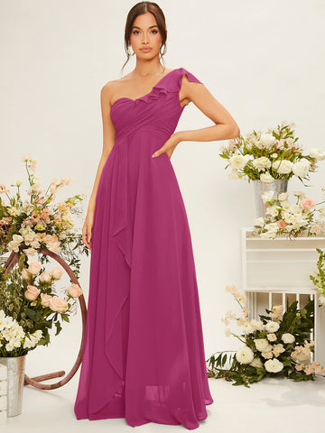 One Shoulder Ruffle Trim Bridesmaid Dress