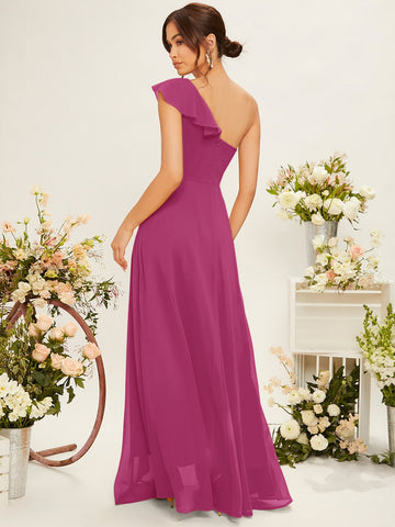 One Shoulder Ruffle Trim Bridesmaid Dress