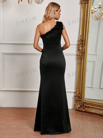 One Shoulder Ruffle Trim Bridesmaid Dress