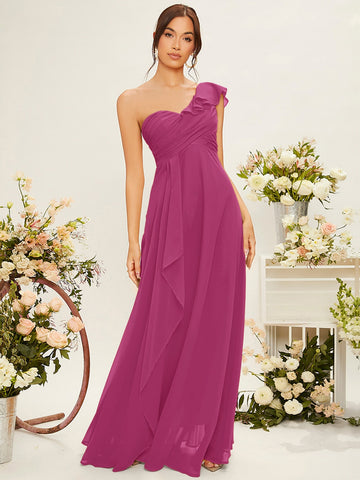 One Shoulder Ruffle Trim Bridesmaid Dress
