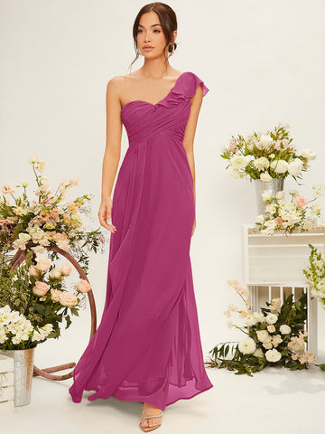 One Shoulder Ruffle Trim Bridesmaid Dress