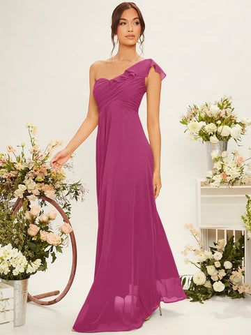 One Shoulder Ruffle Trim Bridesmaid Dress