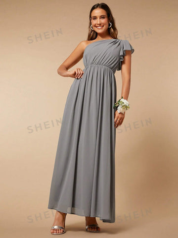 One Shoulder Ruffle Trim Chiffon Bridesmaid Dress