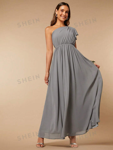 One Shoulder Ruffle Trim Chiffon Bridesmaid Dress