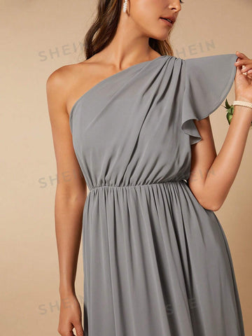 One Shoulder Ruffle Trim Chiffon Bridesmaid Dress