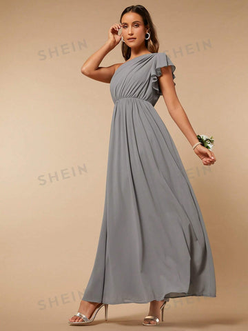 One Shoulder Ruffle Trim Chiffon Bridesmaid Dress