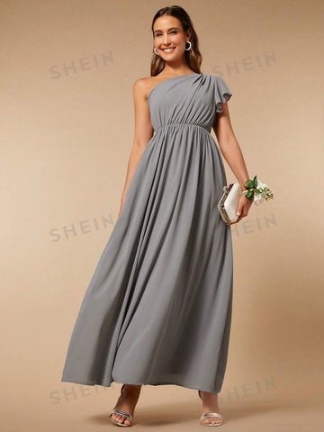 One Shoulder Ruffle Trim Chiffon Bridesmaid Dress