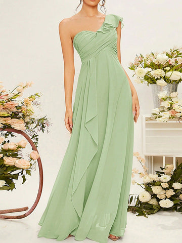 One Shoulder Ruffle Trim Ruched Bustier Chiffon Bridesmaid Dress