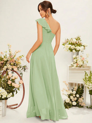 One Shoulder Ruffle Trim Ruched Bustier Chiffon Bridesmaid Dress