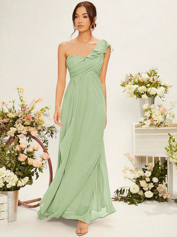 One Shoulder Ruffle Trim Ruched Bustier Chiffon Bridesmaid Dress