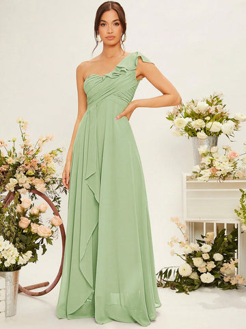 One Shoulder Ruffle Trim Ruched Bustier Chiffon Bridesmaid Dress