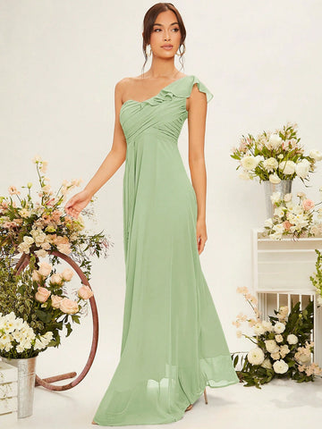 One Shoulder Ruffle Trim Ruched Bustier Chiffon Bridesmaid Dress