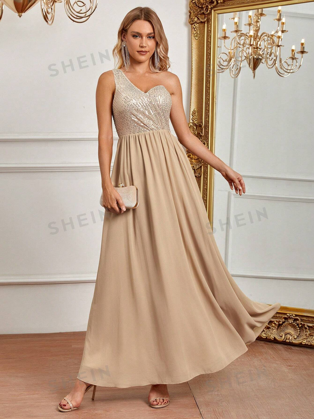 One Shoulder Sequin Bodice Bridesmaid Dress