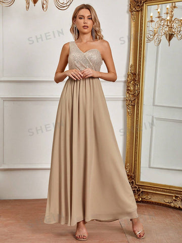 One Shoulder Sequin Bodice Bridesmaid Dress