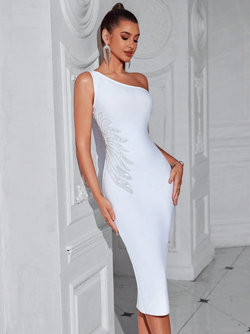 One Shoulder Sleeveless White Bandage Bridesmaid Dress For Women